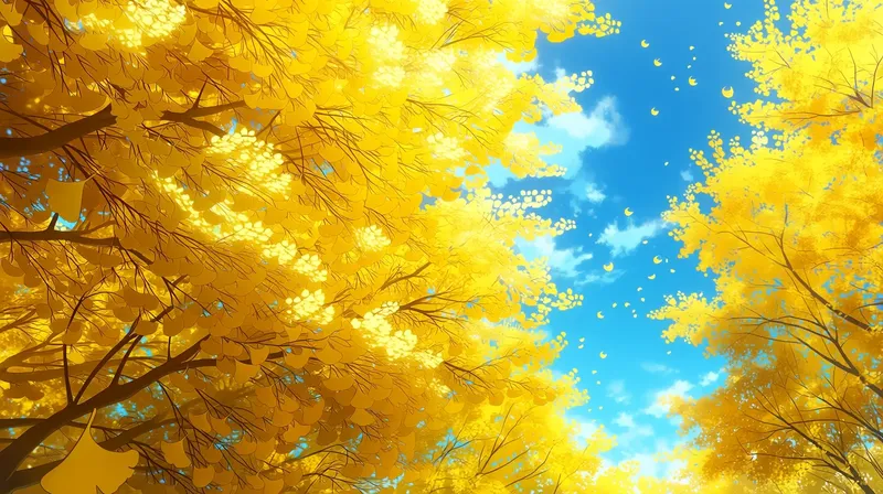 アニメ風木漏れ日が差し込む銀杏並木, anime-autumn-ginkgo-street-sunlight
