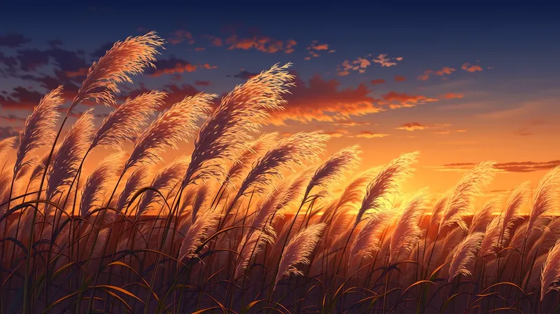 アニメ風黄昏時の空と風にそよぐススキ anime-autumn-pampas-grass-twilight-sky