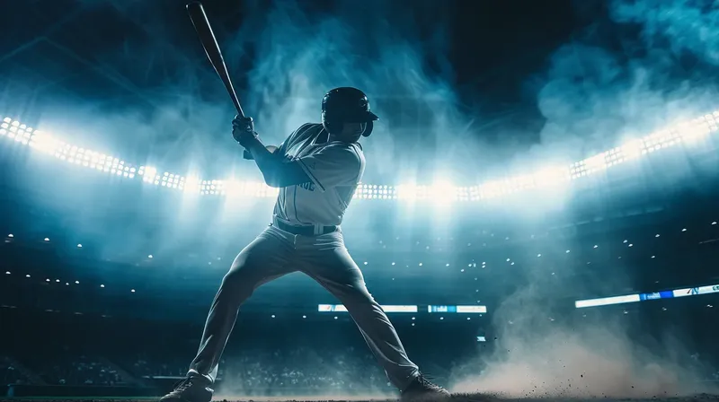 夜の試合でフルスイングする野球のバッター, baseball-batter-mid-swing-night-game