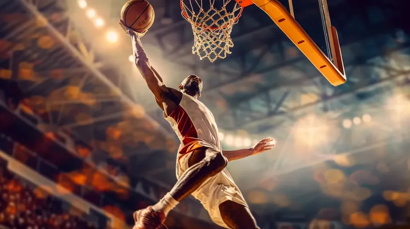 迫力あるスラムダンクを決めるバスケットボール選手, basketball-player-slam-dunk-action