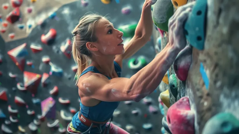 カラフルなホールドを掴んで登るクライマー, climber-grip-colorful-bouldering-holds