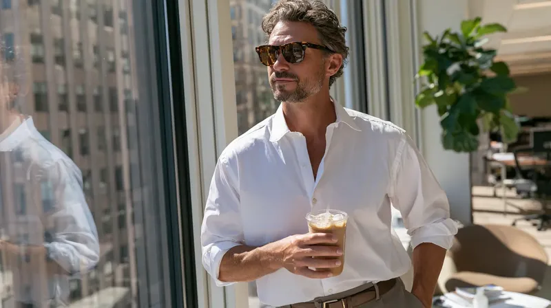 アイスコーヒーを手にして一息つける男性, cool-biz-businessman-iced-coffee