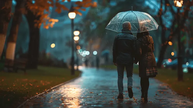 一つの傘に入って歩くカップルの後ろ姿, couple sharing umbrella back view