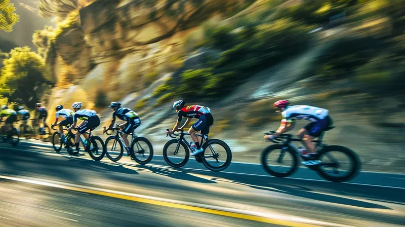 山のカーブを疾走するサイクリストのチーム, cyclists-team-shading-mountain-bend