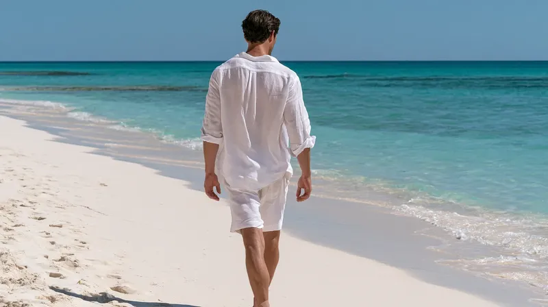 夏のまぶしい白砂のビーチを歩く男性, fit-man-walking-white-sand