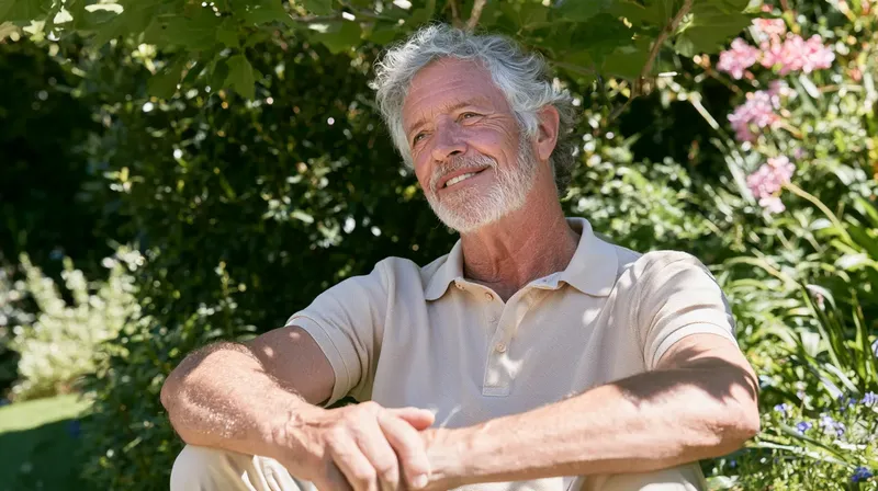 緑豊かな夏の庭で穏やかな笑顔を見せるシニア男性, happy-senior-man-summer-garden