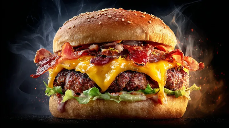 黒背景で高級感を演出したグルメバーガー, Hamburger