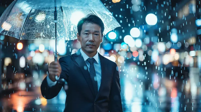 夜の雨の中、傘を差す日本人ビジネスマン, japanese businessman umbrella night rain