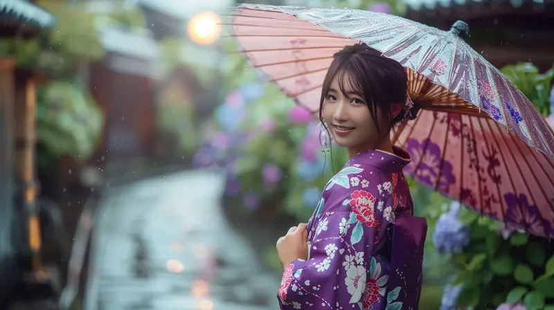 雨の中、しっとりと佇む着物姿の女性, japanese woman kimono in the rain