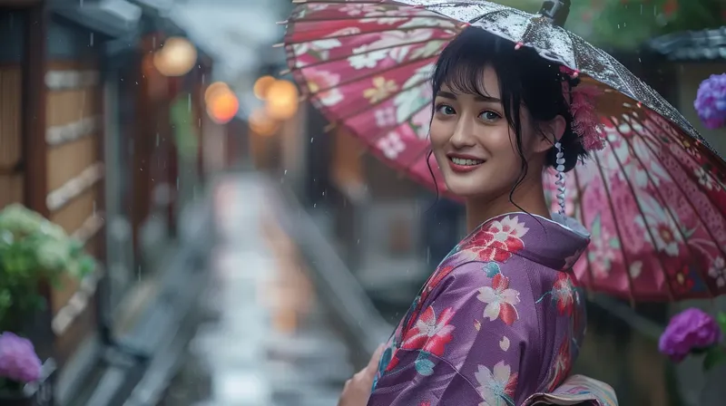 和傘を差す着物姿の女性, japanese woman kimono wagasa alley