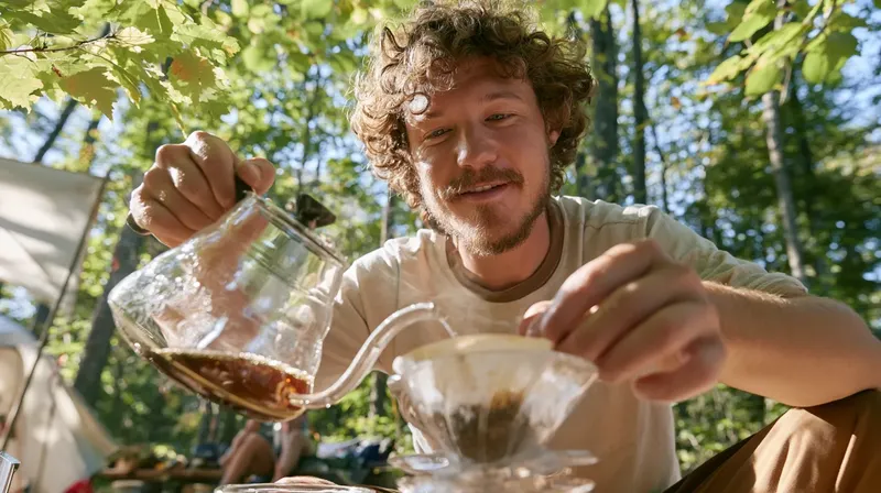 木漏れ日のもとで丁寧にハンドドリップコーヒーを淹れる男性, man-brewing-drip-coffee-camping