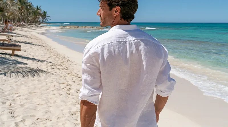リネンシャツを羽織り南国のビーチを満喫する男性, man-linen-shirt-tropical-beach