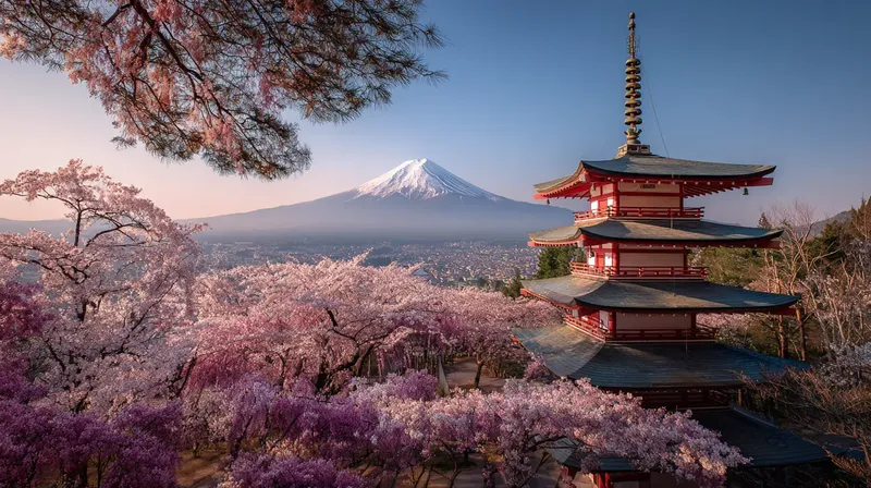 富士山と桜と五重塔の絶景