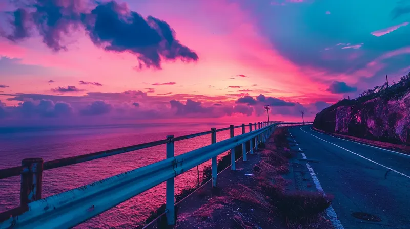 紫色の夕焼け雲が広がるノスタルジックな海岸沿いの道, nostalgic-coastal-road-dusk-purple-sunset-clouds