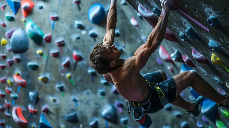 屋内のボルダリングウォールを登るクライマー, rock-climber-scaling-indoor-bouldering-wall