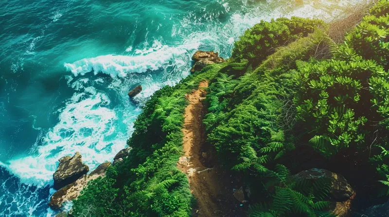 断崖絶壁から海を見下ろす絶景のハイキングコース, scenic-cliffside-hiking-path-crashing-ocean-waves
