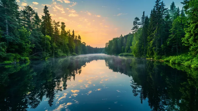 朝霧に包まれた湖面と松林の反射が美しい日の出, serene-misty-lake-sunrise-pine-forest-reflection