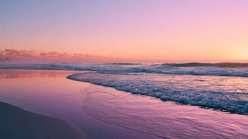 夕暮れ時のマジックアワーに包まれる穏やかな夏の砂浜