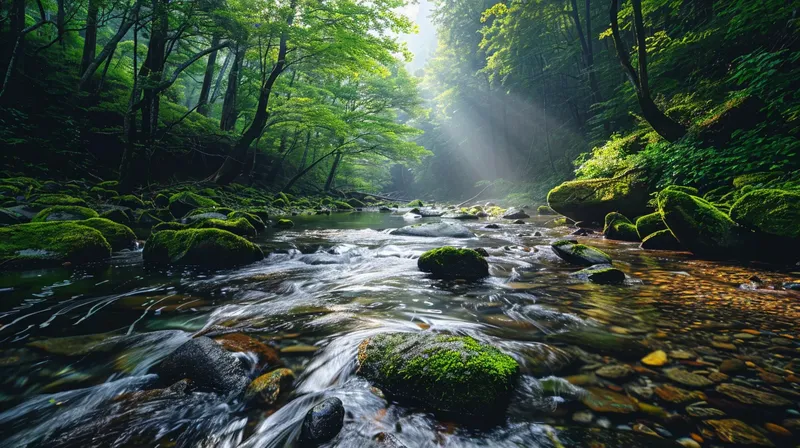 苔むした岩の間を流れる静かな夏の森の渓流, serene-summer-forest-stream-mossy-rocks.