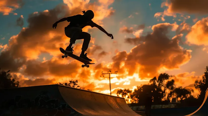 夕暮れのランプでキックフリップを決めるスケーター, skater-performing-kickflip-ramp-sunset