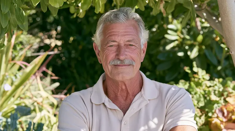 夏の木陰でリラックスした表情を浮かべる笑顔のシニア男性, smiling-senior-man-shaded-backyard