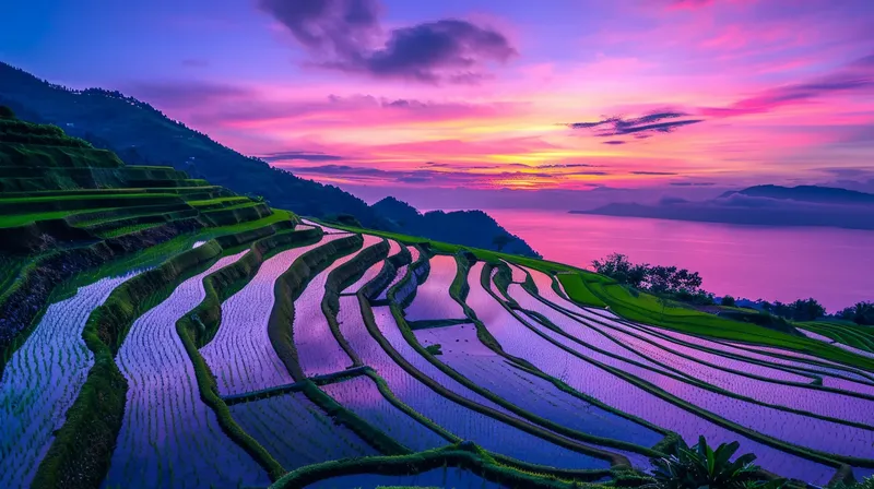 海を見下ろす棚田の水面に反射する美しい夕日の輝き, sunset-reflecting-terraced-rice-fields-ocean-view