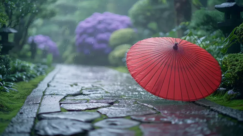 伝統的な日本庭園と赤い和傘の風景, traditional japanese garden red umbrella