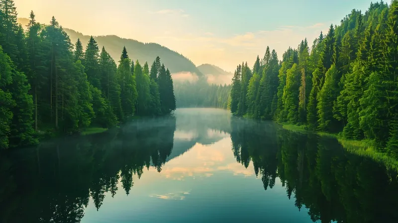 夜明けの霧が漂う幻想的で静かな夏の湖畔, tranquil-summer-lake-dawn-fog-atmosphere