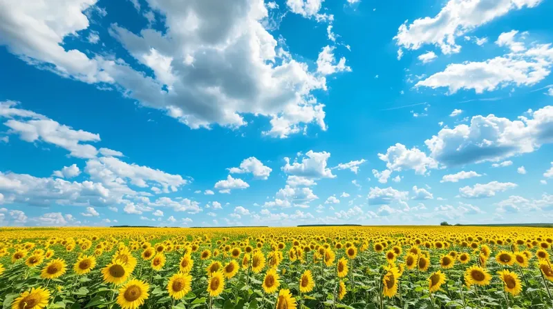 鮮やかな黄色のひまわりがどこまでも続く青空の下の風景, vibrant-sunflower-field-blue-sky